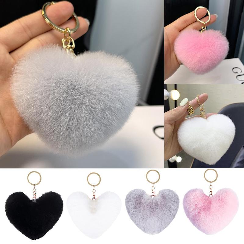 Product Introduction of 【COD】 Love Heart Fur Ball Keychain Peach Heart Plush Car Ornaments Couple Heart Shaped Pendant 17