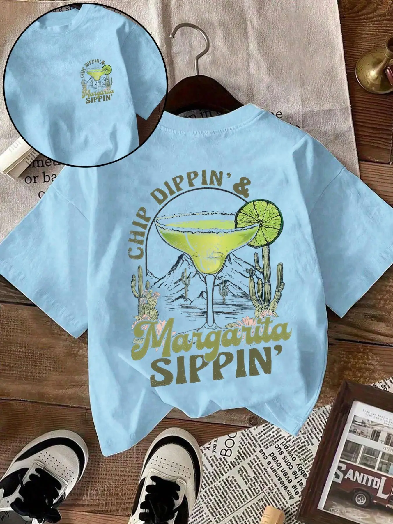 Women's Slogan & Letter Print Round Neck Tee, Vintage Trendy Casual Cocktail & Margarita Graphic Short Sleeve T-shirt for Daily Wear, Ladies Summer Outfit, Top