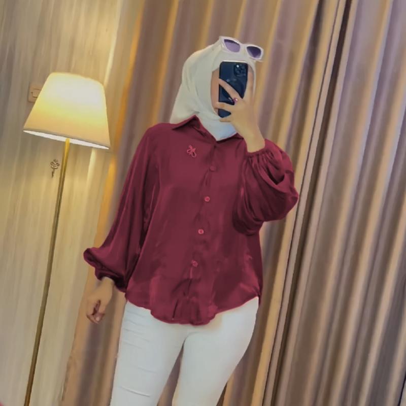 Thalia kemeja shimmer atasan polos glitter lengan balon Jumbo size M - 2XL Cantik Formal Katun Motif Panjang Silk Wanita 8