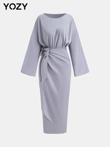 YOZY Women's Plain Tie Front Dress, Casual Long Sleeve Dress for Work Office Business, Ladies Clothes for All Seasons