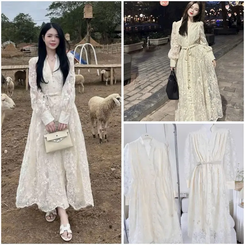 ( Sam’s Clothing ) Đầm maxi ren tay dài cổ bẻ phối nút ngọc nhúng eo dáng dài thanh lịch kèm belt thừng