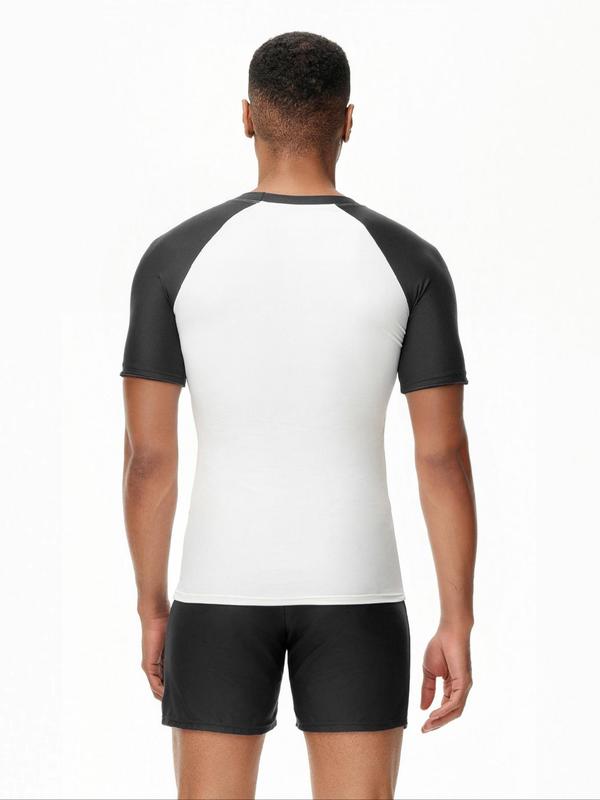 Two-Piece Set Men Swim Trunks, Men's Colorblock Raglan Sleeve Beach Set, Sporty Short Sleeve Tee & Elastic Waist Shorts Set, Quick Drying Swimwear Set, Beach Swimsuit Set for Men 1