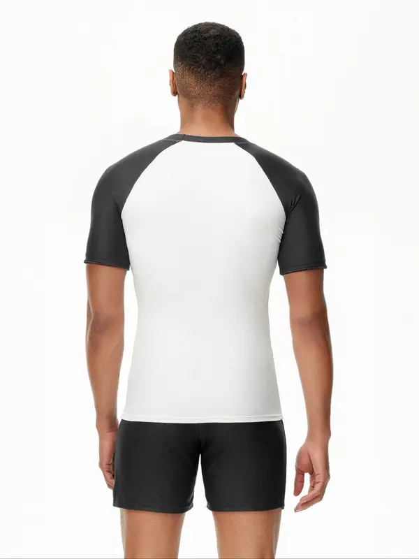 Two-Piece Set Men Swim Trunks, Men's Colorblock Raglan Sleeve Beach Set, Sporty Short Sleeve Tee & Elastic Waist Shorts Set, Quick Drying Swimwear Set, Beach Swimsuit Set for Men 1