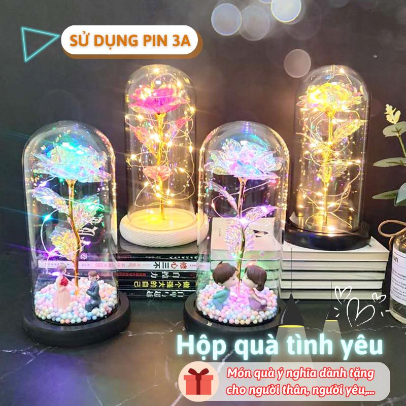 Đèn Led Hoa Hồng Khung Kính Trong Suốt SG DECOR Hộp Quà Tặng Đèn Led Đế Gỗ Cực Chill Lãng Mạng Dùng Pin Tiện Lợi