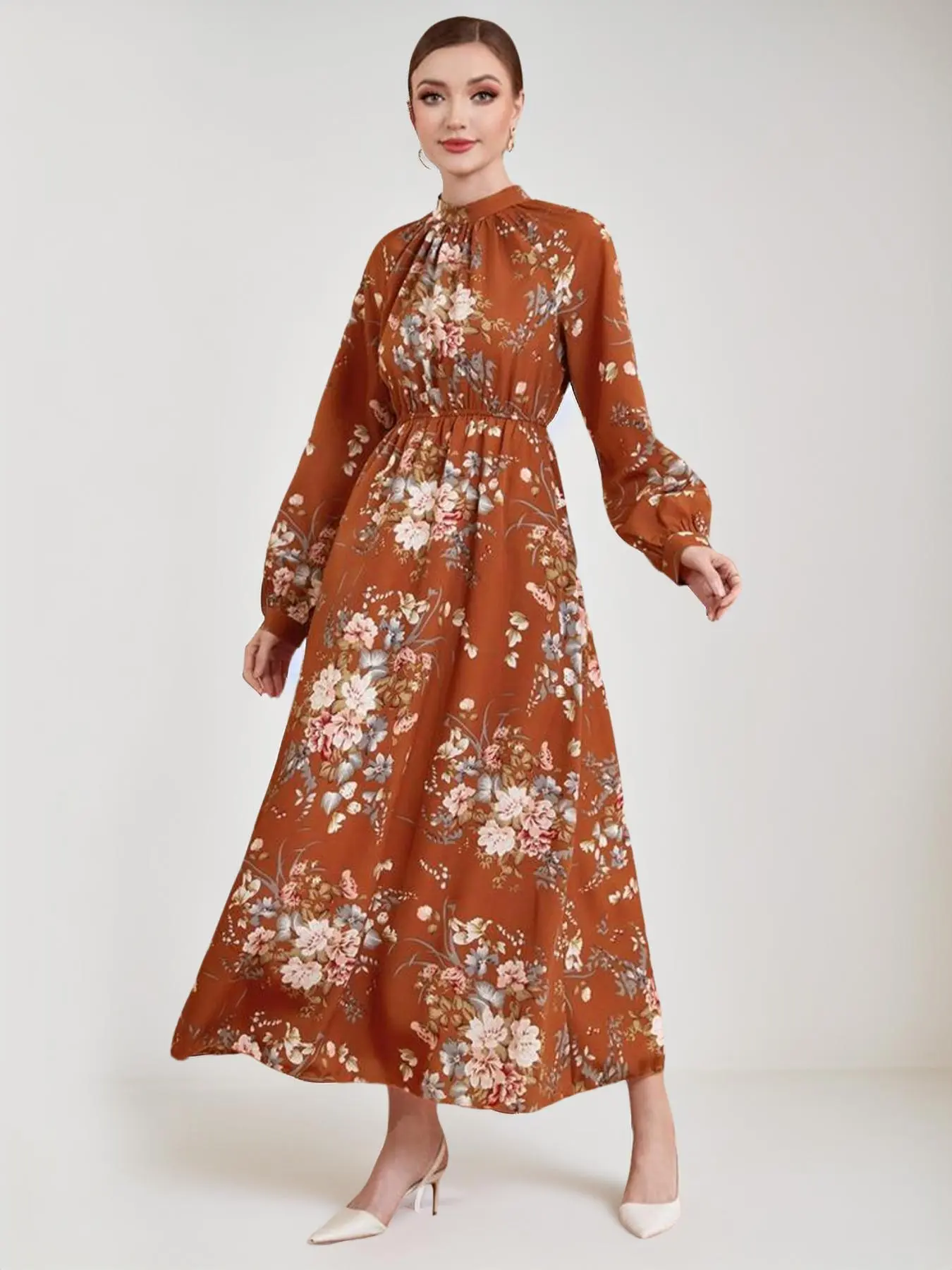 Women's Floral Print Bishop Long Sleeve Mock Neck A-line Long Dress, Boho Flared Dresses, Summer Outfits 2024, Lady's Spring & Autumn Clothes