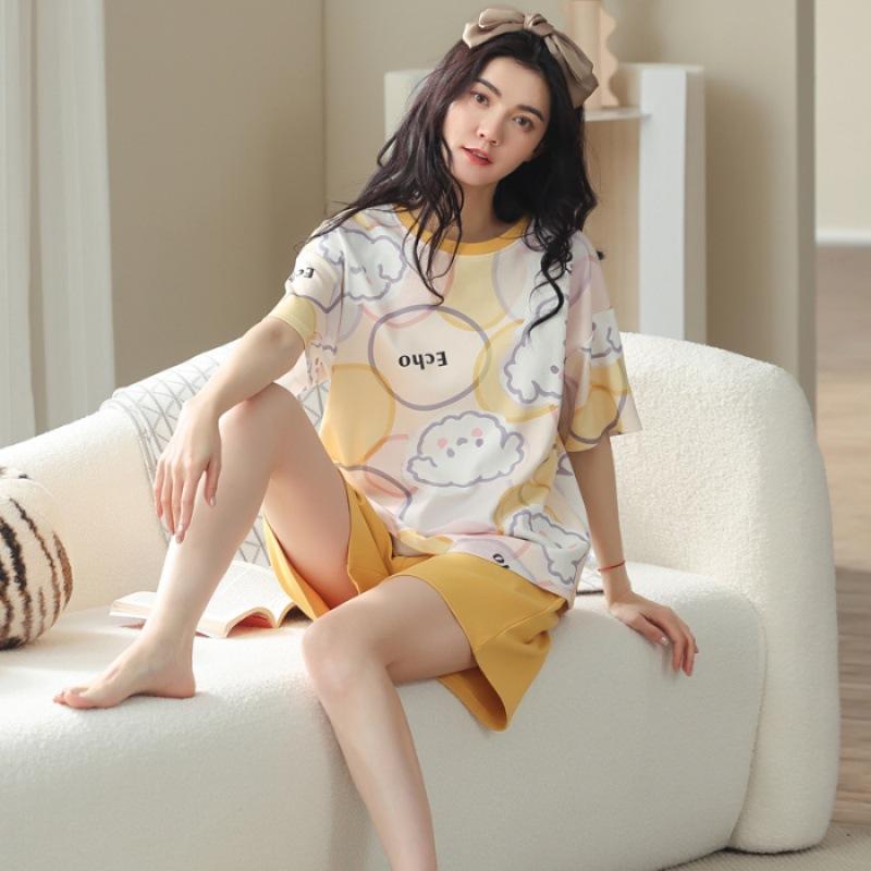 Product Introduction of Bộ Đồ Ngủ Nữ, Phong Cách Mùa Hè, Với Đệm Ngực Tích Hợp, Thiết Kế Hoạt Hình, Làm Bằng Cotton Nguyên Chất, Quần Áo Dễ Thương, Thích Hợp Mặc Nhà, Màu Bạc Nước, ngắn Tay Mỏng, Cổ Tròn Women Top 8