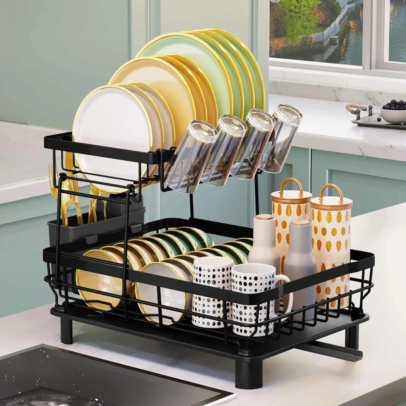 Kitchen Accessories Dish Drying Metal Rack For Counter, 1 Count Multifunctional Dish Drainer Rack, Space-saving 2 Layers Kitchen Dish Holder With Plastic Utensil Holder