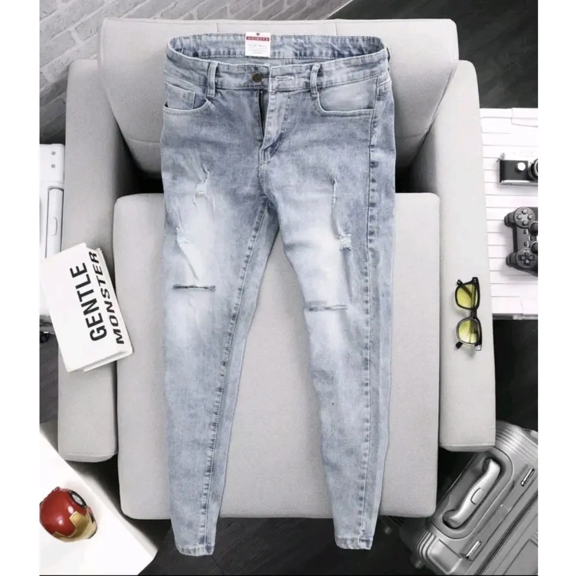 Quần dài jean nam xám khói rách quần bò co giãn 4 chiều Nam Menswear Pants Có Túi
