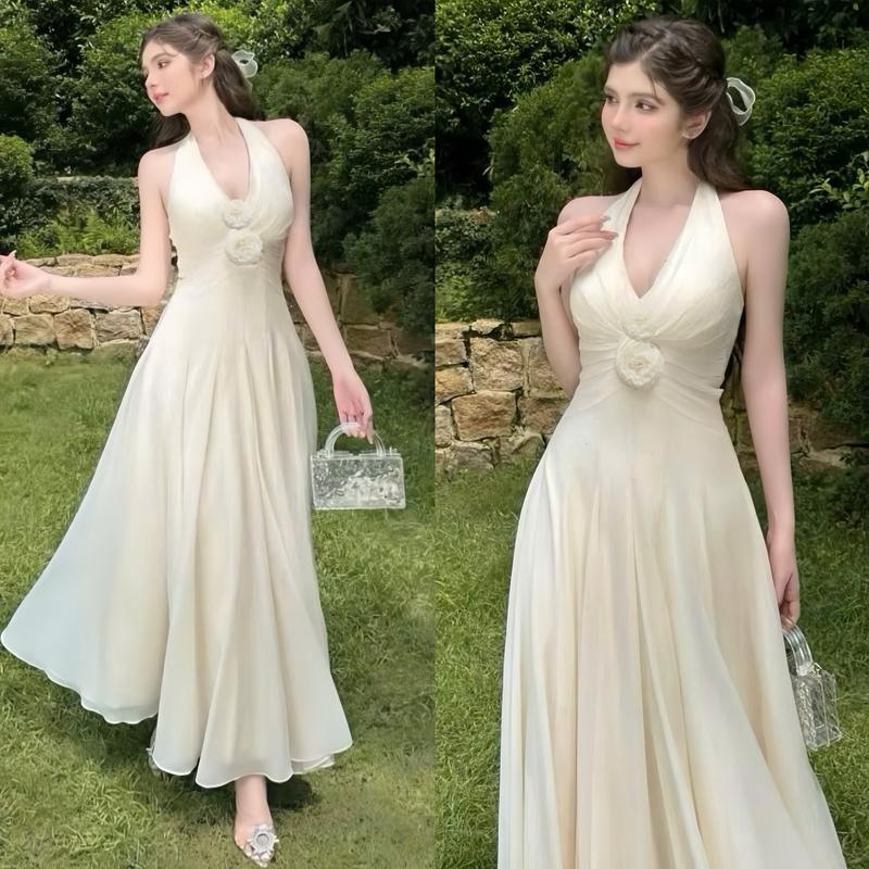   Kèm Tag Hoa  - Đầm Thiết Kế EMME V2059  Cổ Yếm Tơ Hàn Mền Có Mút Đính Cuộn Hoa Dáng Dài Xòe Top Váy 