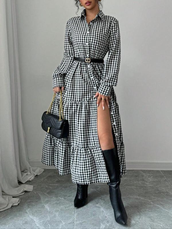 Women's Plaid Print Button Front Ruffle Hem Dress, Elegant Fashion Casual Long Sleeve Dress for Daily Outdoor Wear, Women Dress for All Seasons 4