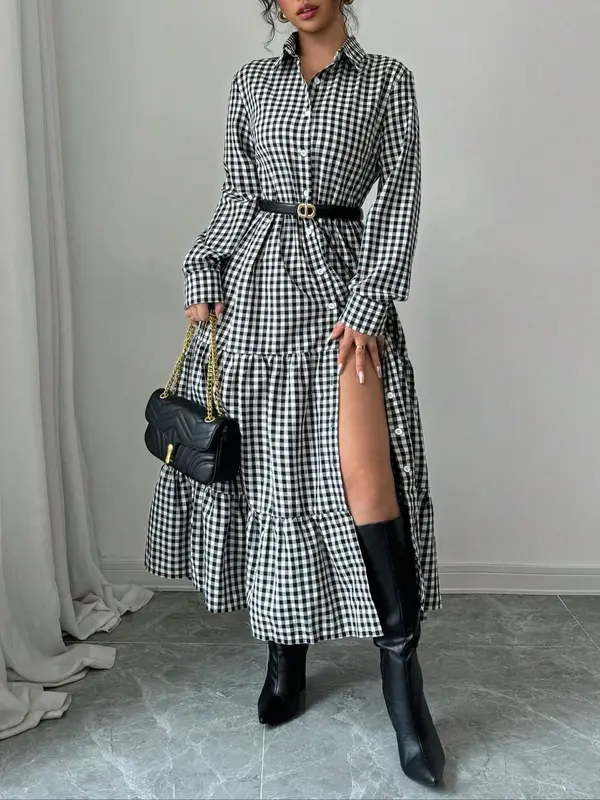Women's Plaid Print Button Front Ruffle Hem Dress, Elegant Fashion Casual Long Sleeve Dress for Daily Outdoor Wear, Women Dress for All Seasons 4