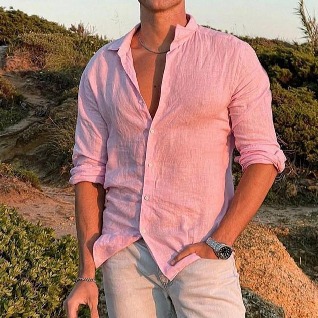 Men Plain Cotton And Linen-Blend Loose Lapels Long-Sleeved Casual Cardigan Beach Shirt 1