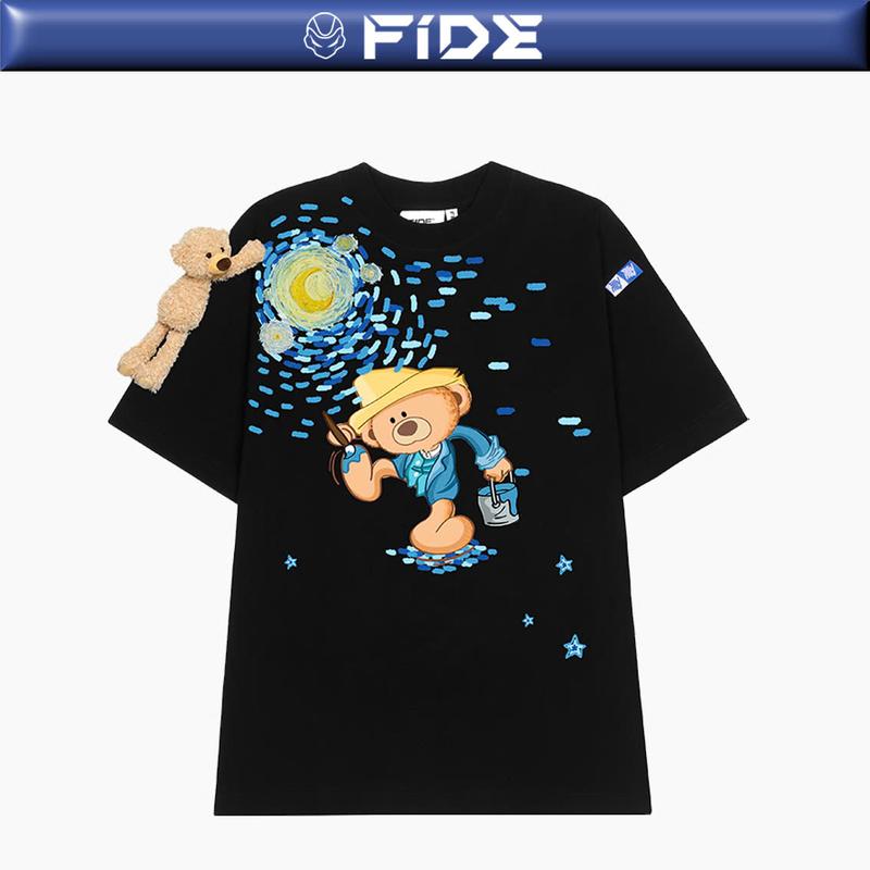 Áo thun FIDE TEEDY GẤU BÔNG phông cotton unisex nam nữ form rộng cổ tròn ulzzang - AT35(TẶNG KÈM GẤU) Menswear Kem Top