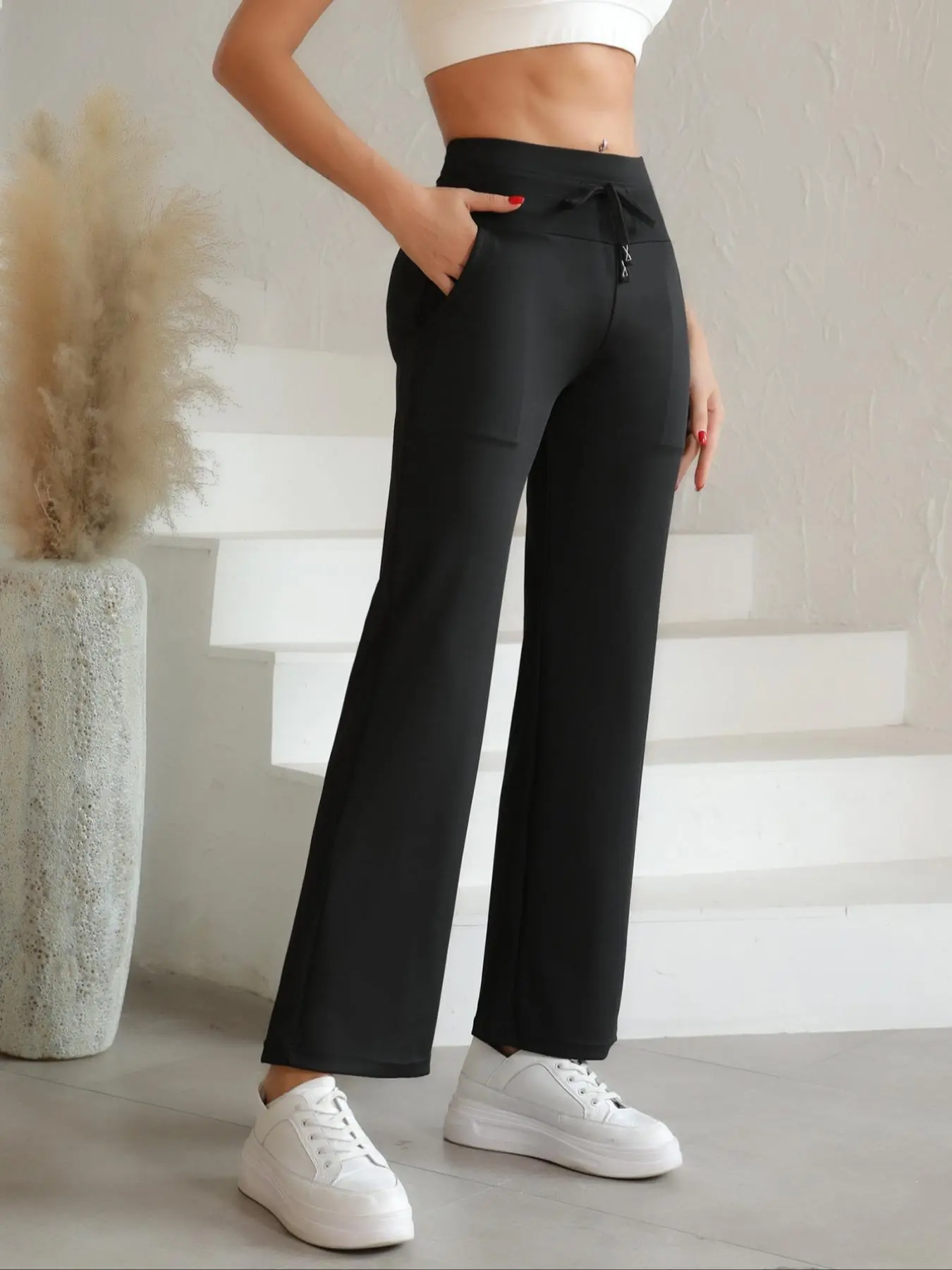 Women's Solid Color High Waist Sports Pants, Casual Comfy Breathable Trousers for Yoga Gym Workout Running, Ladies Sportswear for All Seasons