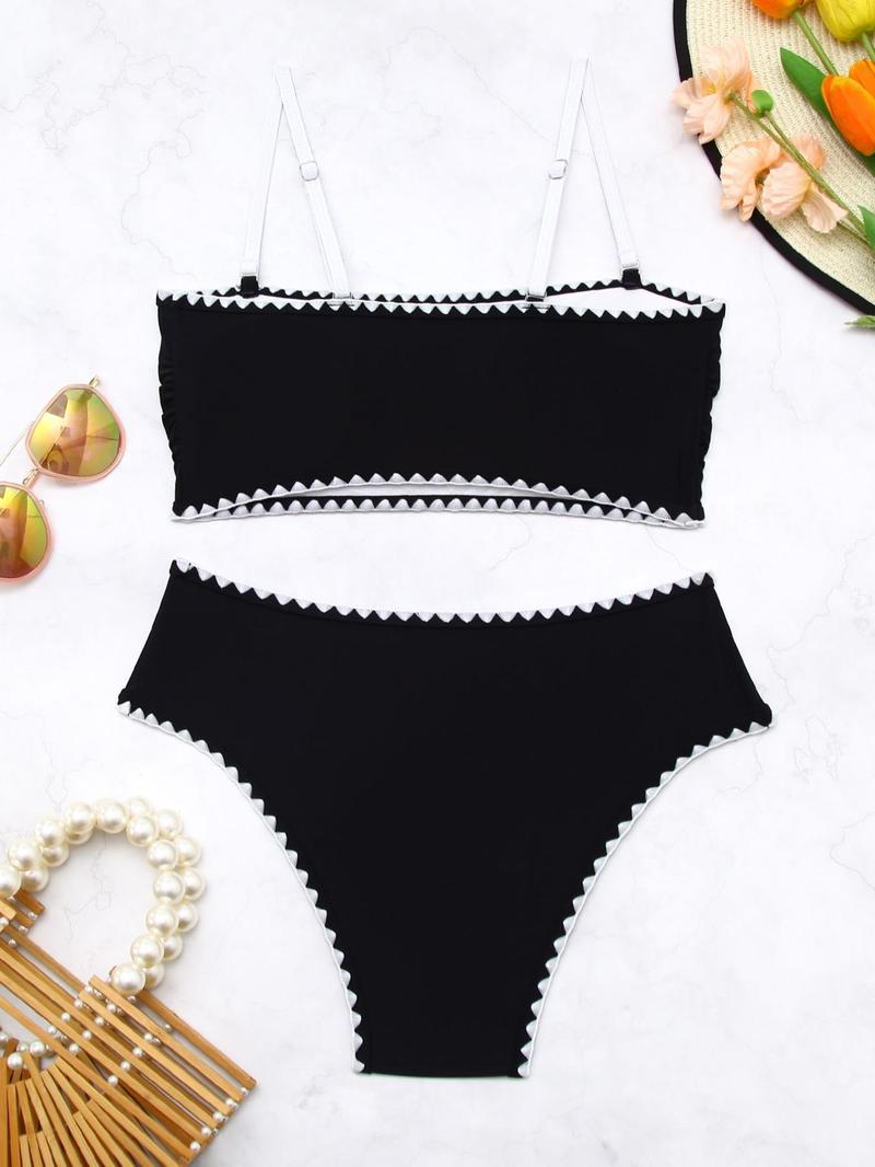 Product Introduction of Two-Piece Set Women's Plain Bikini Set, Casual Strapless Swim Top & High Waist Swim Bottom Two-piece Swimsuit for Beach Holiday Vacation, Ladies Swimwear for All Seasons 4