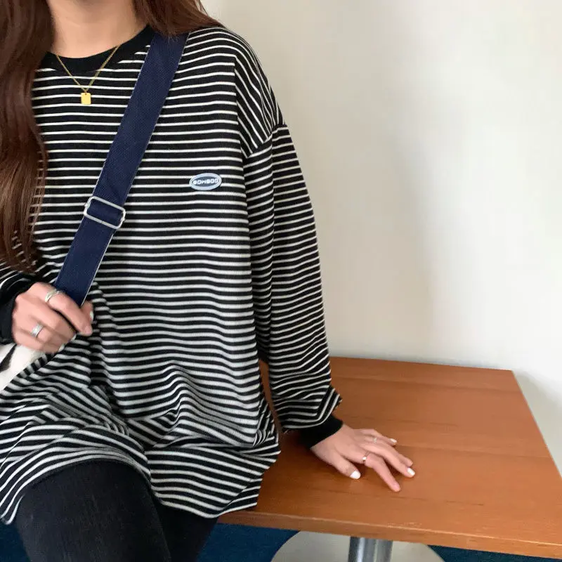 Áo Thun Sọc, Phong Cách Phương Tây, Dành Cho Nữ, Dài Tay, Dáng Rộng Vừa Vặn 7