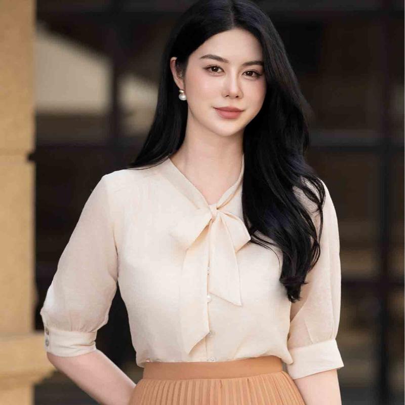 Áo Sơ Mi Tơ Nhật Nữ Trung Niên Cao Cấp, Sang Trọng tặng mẹ thương hiệu Thiều Hoa AN4L0638 áo buộc nơ cổ Top Women  Shirt