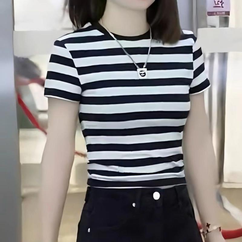 Áo Thun Sọc, Trắng Đen, ngắn Tay, Cổ Tròn, Phong Cách Hàn Quốc, Hàng Mới Về, Thường Ngày, Dáng Ôm, Thích Hợp Cho Mùa Hè, Áo Ôm Sát, Dễ Phối Đồ, Thời Trang, Dành Cho Nữ 5