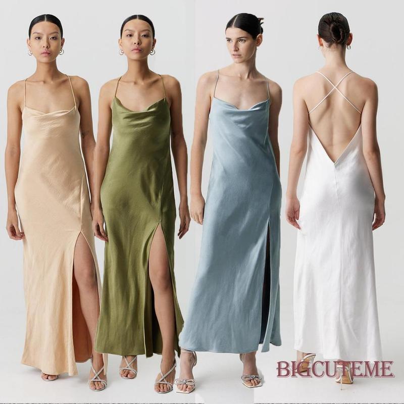 Product Introduction of Women Satin Backless Split Slip Long Dress for Party Solid Color 0