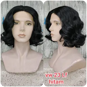 Front Lace Wig Rambut Palsu Laki Laki Gondrong VW 23 LF Hitam Model Lurus Panjang 30CM Bahan Fiber Nyaman Dipakai