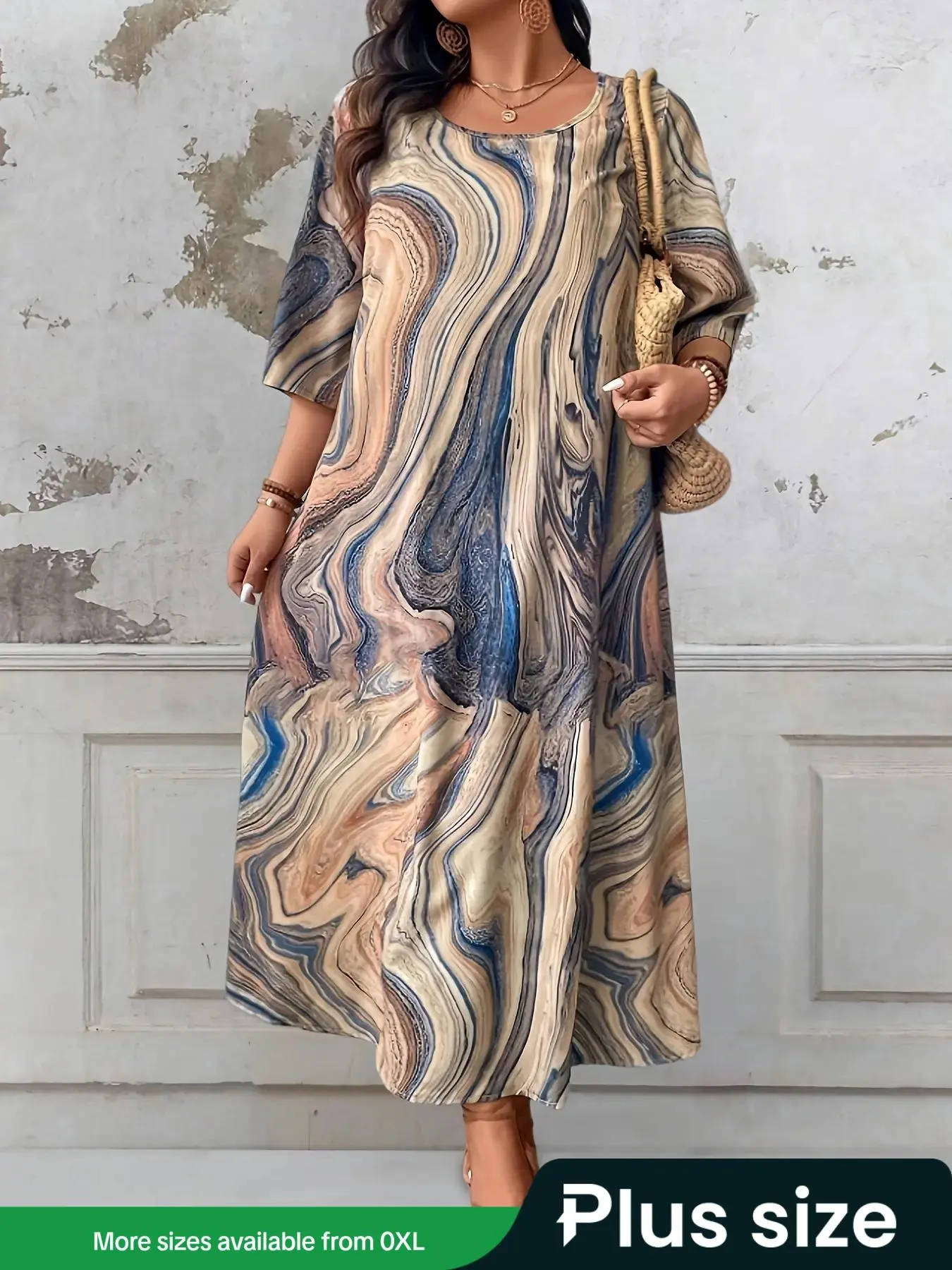【Plus Size】 Marble Print Long Dress, Casual Round Neck Dress for Summer, Women's Plus Clothes for Daily Wear