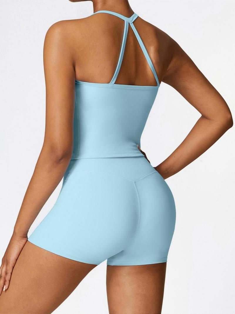 VoleFox Two Pieces Women's Solid Backless Tracksuit Set, Spaghetti Strap Cami Top & High Waist Skinny Shorts, Ladies Sportswear, Summer Outfits 2024_voghion.com