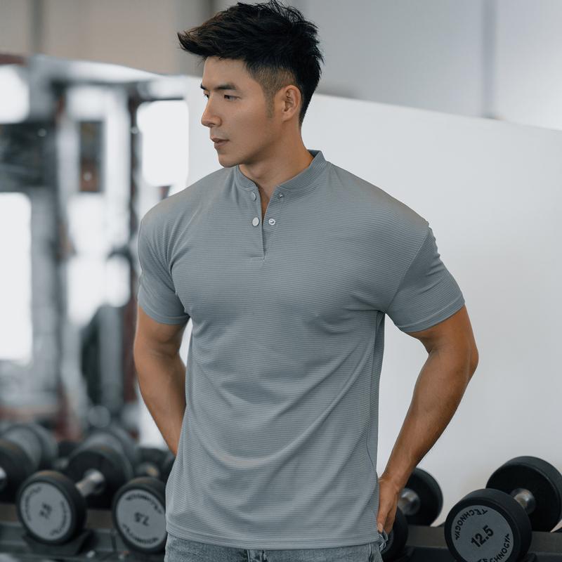 Summer Men's Sporty Casual Running Fitness Solid Buttoned Stand Collar Short Sleeve Cool Feeling Quick Dry T-Shirt 3