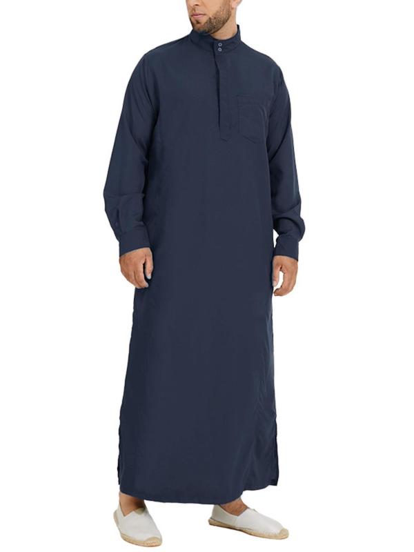 Men's Loose Solid Button Front Split Hem Kaftan, Modest  Mock Neck Pocket Arab Thobe, Casual Men's Islamic Clothing for Daily Wear 0