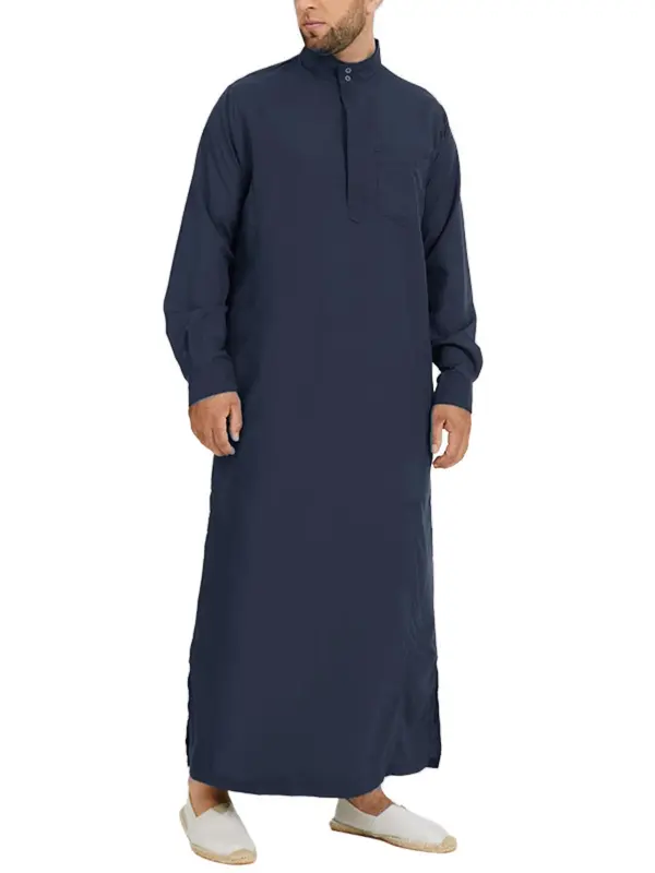 Men's Loose Solid Button Front Split Hem Kaftan, Modest  Mock Neck Pocket Arab Thobe, Casual Men's Islamic Clothing for Daily Wear 0