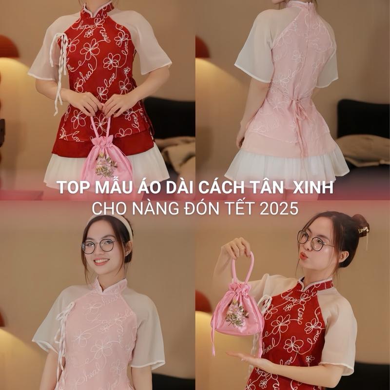 Set Áo Dài Họa Tiết Chân Váy Ngắn Có Nơ Cho Nữ Women Top Chất Liệu Tơ Nến Phối Voan 3 Màu Đỏ Hồng Kem Kích Thước S M L Phù Hợp Nhiều Dịp