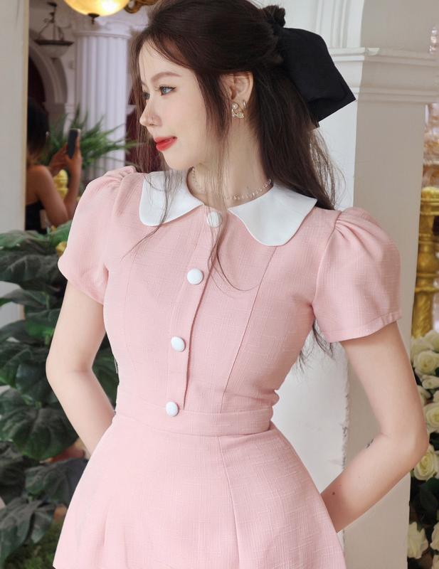 Đầm hồng dự tiệc sang trọng chữ a tay ngắn thanh lịch thiết kế công sở cao cấp đi tiệc đi làm eo tôn dáng Lux W Fashion