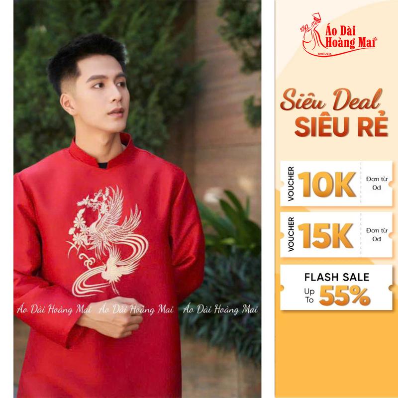 Áo dài cách tân nam thêu Phượng nhiều màu vải tuyết mưa cao cấp {50-105kg} - Áo Dài Hoàng Mai Menswear