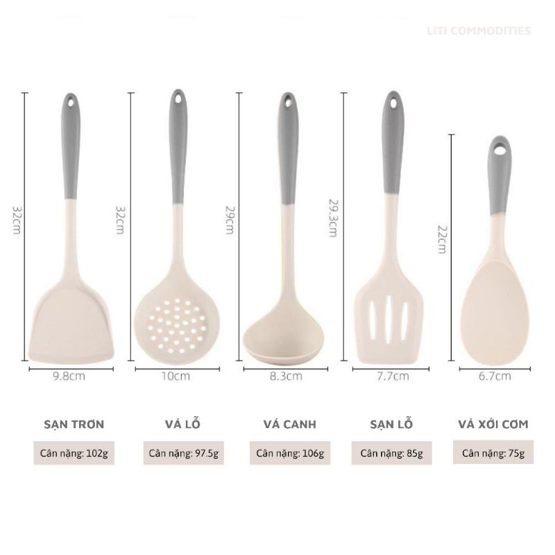 Bộ dụng cụ nhà bếp, vá nấu ăn bằng silicon 5 món chịu nhiệt độ cao 6
