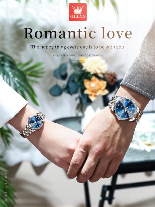 Round Dial Stainless Steel Strap Quartz Watch (2pcs), Couples Gifts, 2024 New Rhinestone Decor Waterproof Watch for Men & Women, Fashion Watch for Daily Life, Trendy All-match & Exquisite Watch for Birthday Gift, Unique Gifts for Women 7