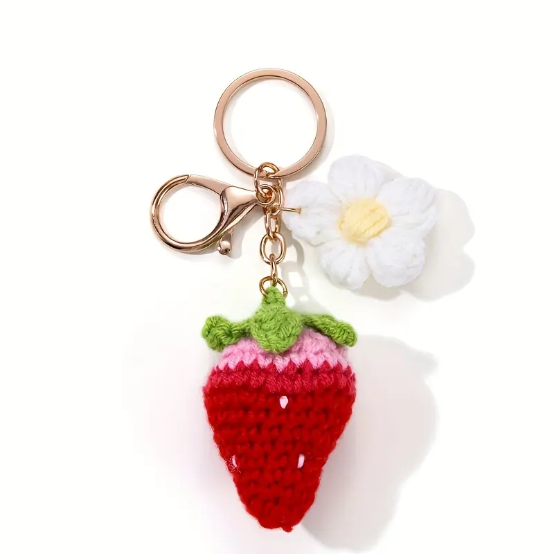 new 1 Cute Knitted Strawberry Flower Woven Keychain, Cute And Novel Wind Car Bag Pendant