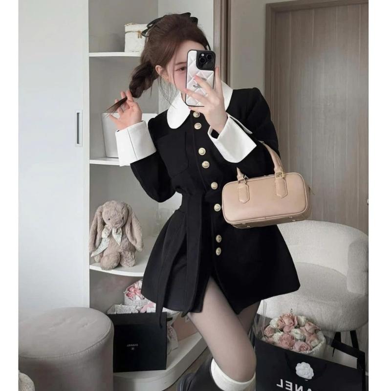 Áo Dạ Nữ Cổ Sen Trắng Phối Đai Thân Đen Cúc Đồng Sang Chảnh, Váy Thiết Kế Dài Tay Dễ Mặc By Thời Trang News