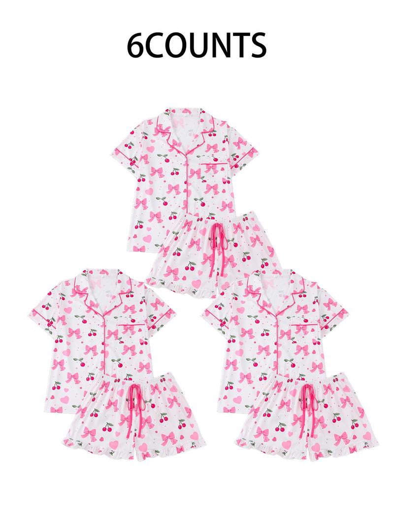 Product Introduction of Women's All Over Print Pajama Set, Casual Comfy Short Sleeve Lapel Neckline Pocket Shirt & Shorts PJ Set, Ladies Summer Sleepwear 6