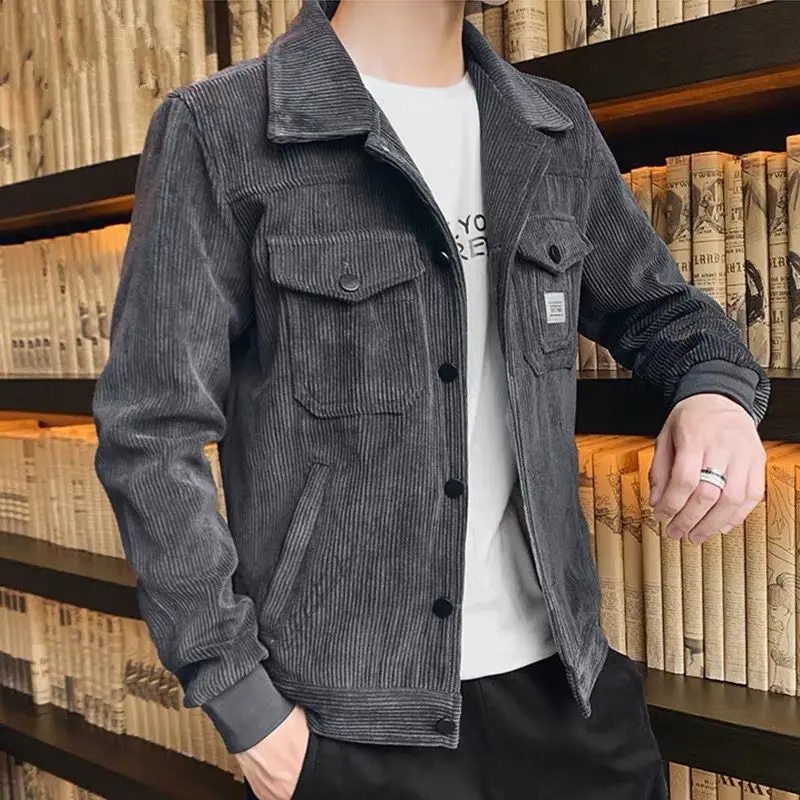 Áo Khoác Vải Nhung Kẻ, Dành Cho Nam Giới, Xu Hướng Mùa Xuân Và Mùa Thu, Đẹp Trai Và Ôm Sát, Dễ Phối Đồ, Ve Áo, Áo Mặc Bên Ngoài Mùa Xuân, Áo Khoác Bảo Hộ Lao Động Thường Ngày