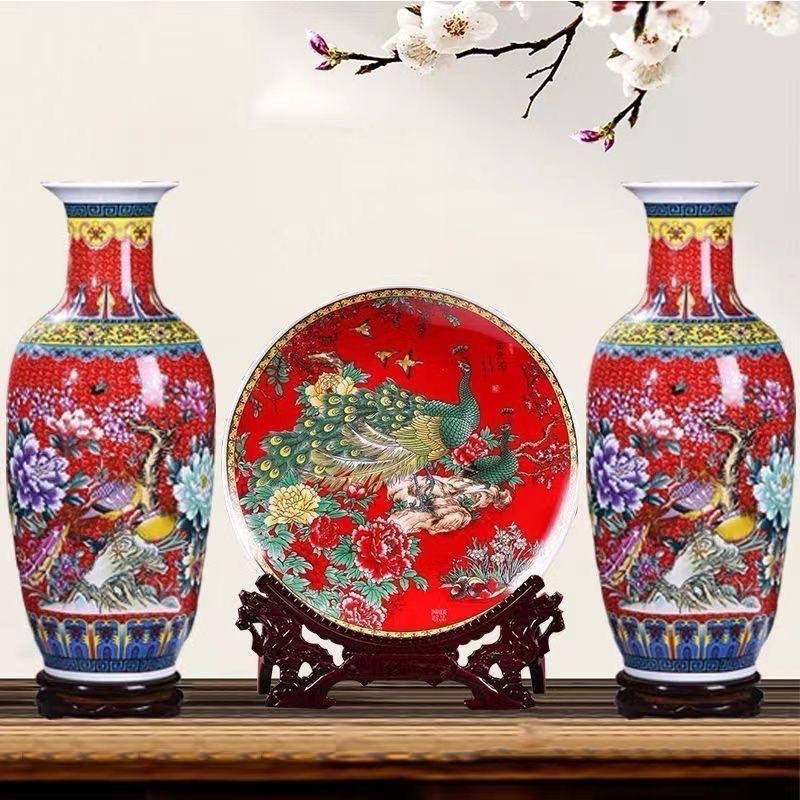 Bộ Lục Bình Gốm Sứ Phú Quý 2 Bình Kèm Đĩa Cả Đế Gỗ Cao 40CM Trang Trí Nhà Kệ Tủ Decor Phòng 0