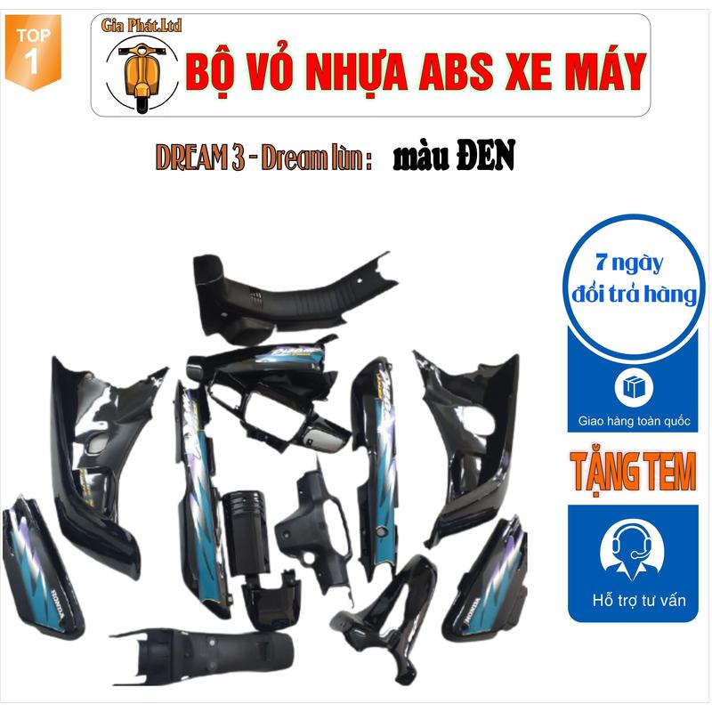 {Tặng kèm tem}   Bộ vỏ nhựa dàn áo xe Dream lùn - Dream III màu ĐEN -LZD-GP-1351( 2141), cung cấp phụ kiện xe máy