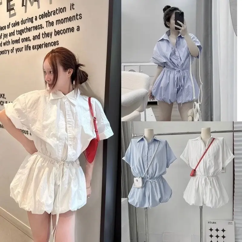 ￼Jumpsuit sơ mi trắng tùng bồng có quần bảo hộ , Đầm sơ mi kiểu nữa bo chun eo có dây buộc cao cấp [SẴN] DH STUDIO 1
