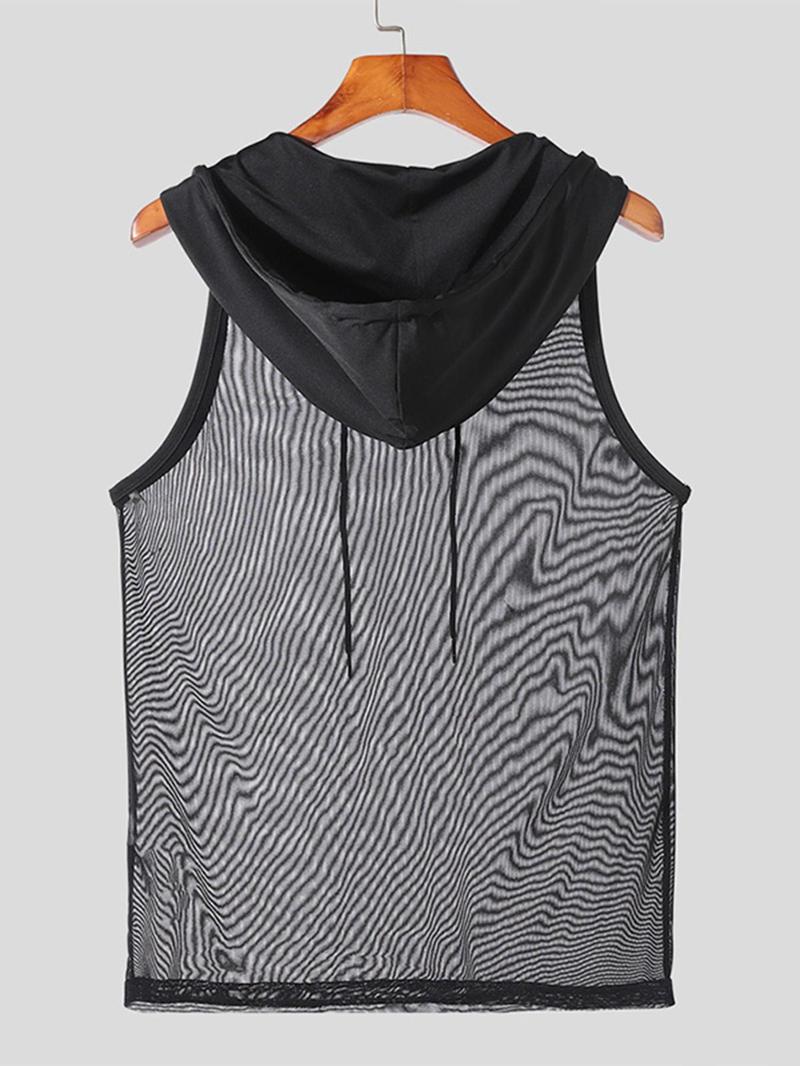Product Introduction of Men's Regular Fit Solid Drawstring Sheer Hooded Tank Top, Casual Sleeveless Top for Summer, Fashion Men's Clothes for Daily Wear 11