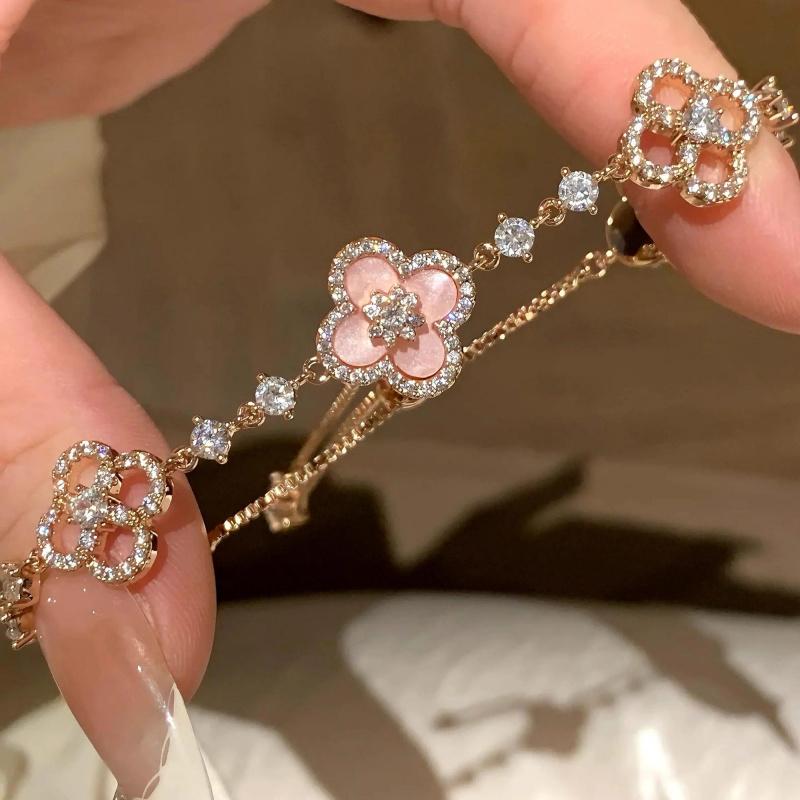 Vòng Tay Zircon, Thiết Kế Hoa Hồng, Cỏ Ba Lá Có Thể Điều Chỉnh Đồ Trang Sức Tinh Tế 0