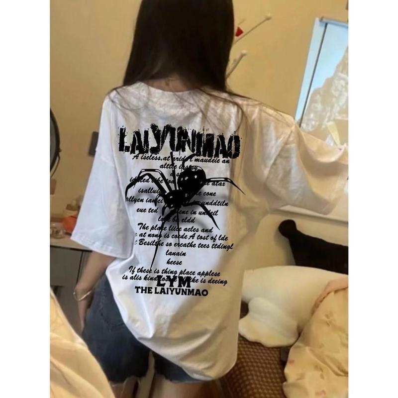 Áo Thun ngắn tay, In Chữ Nhện, Dành Cho Nữ, Phong Cách Cổ Điển Mỹ Thu Nhỏ Sang Trọng Đường Phố Cao Cấp Dễ Phối Đồ Rộng Thùng Thình Thời Trang, Hợp Xu hướng, Áo Thời Trang 2