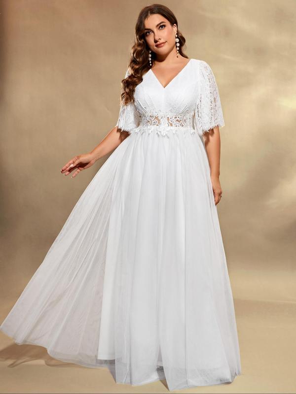 Plus Size Plain Contrast Lace Sequin V Neck Tulle Wedding Dress, Elegant Butterfly Sleeve Maxi Dress for Wedding Party, Women's Summer Clothes 4