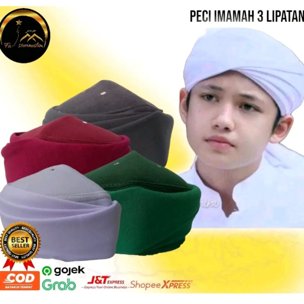 Peci imamah permanen anak dewasa 3 lipatan tanpa buntut Hitam Muslim kopiah putih songkok kupiyah a5