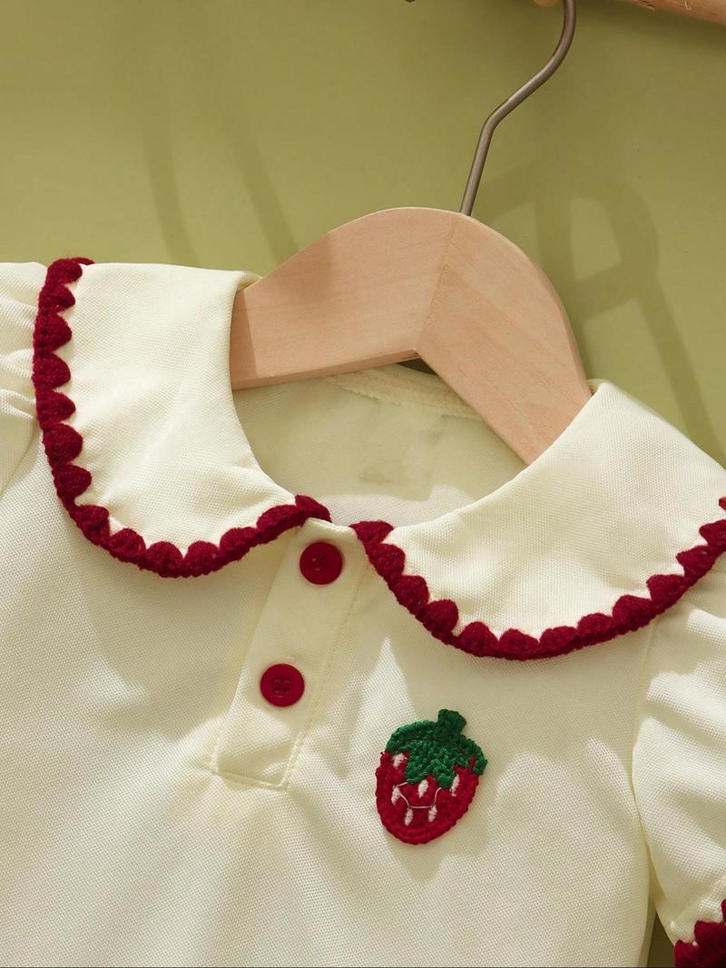 Product Introduction of Baby Girl's Strawberry Embroidery Patched Collar Top & Frill Trim Plicated Skirt Set, Cute Short Sleeve Buttons Blouse & Elastic Waist Skirt, Newborn Infant Kids Summer Clothes 3