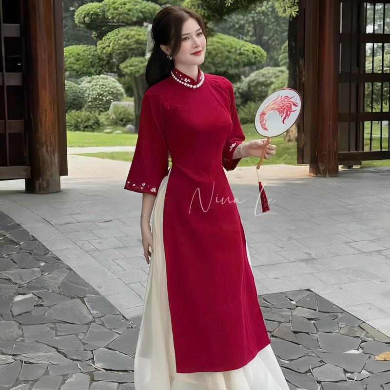 Set bộ áo dài tay lỡ cổ tròn thêu hoa chất nhung phù hợp cho các nàng đi chơi đi lễ Top Women 1