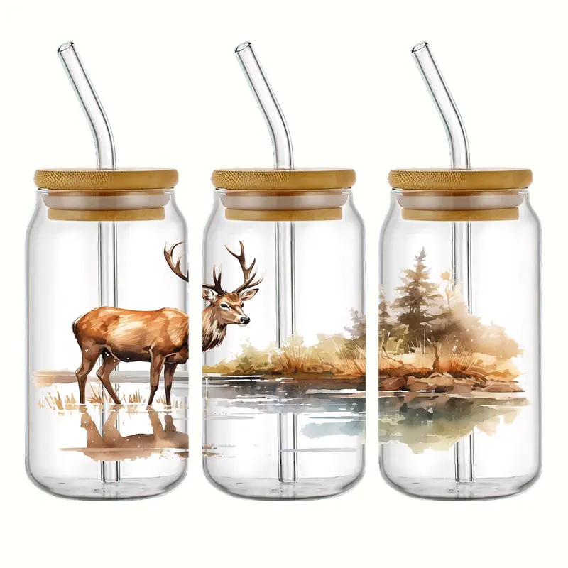 Uv Dtf Transfer Elk in Forest Design Sticker, 5 Counts Deer Pattern Sticker, Self Adhesive Waterproof Sticker, DIY Warp Sticker for 16oz Glass Cups 4