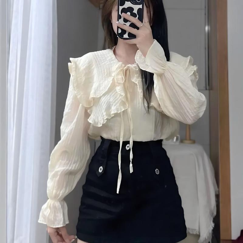 Áo sơ mi kiểu nữ dài tay, Áo sơ mi đũi cổ bèo sen phối nơ màu be xinh xắn HA140 Women Top
